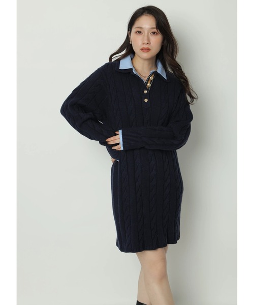 新品　アプワイザーリッシェ　ケーブルシャツレイヤードミニニットワンピース ケーブルシャツレイヤードミニニットワンピース（ワンピース