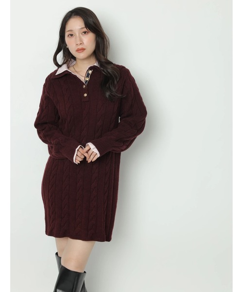 ケーブルシャツレイヤードミニニットワンピース（ワンピース