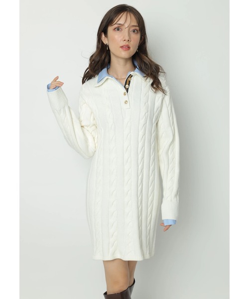 セール】ケーブルシャツレイヤードミニニットワンピース（ワンピース