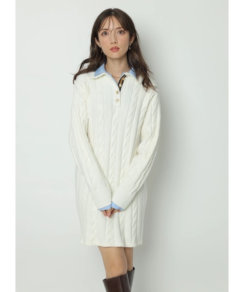 ケーブルシャツレイヤードミニニットワンピース