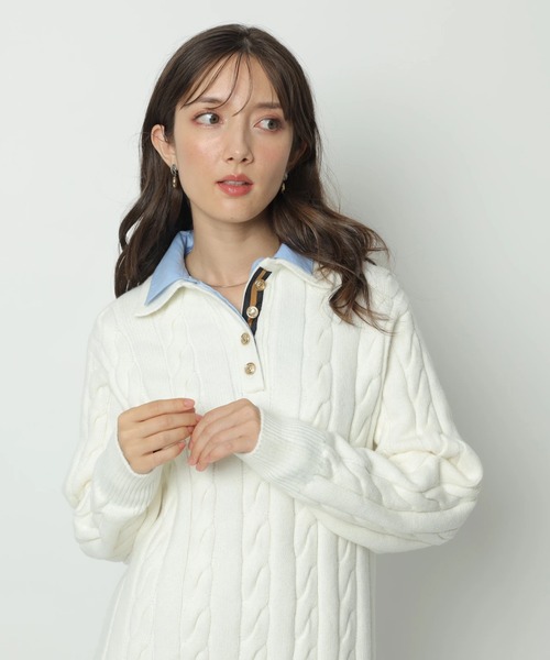 セール】ケーブルシャツレイヤードミニニットワンピース（ワンピース