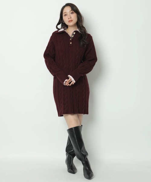 新品　アプワイザーリッシェ　ケーブルシャツレイヤードミニニットワンピース セール】ケーブルシャツレイヤードミニニットワンピース（ワンピース