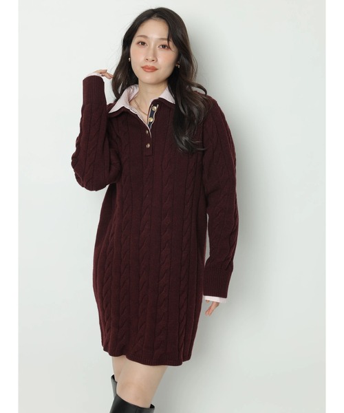 Apuweiser-riche ケーブルシャツレイヤードミニニットワンピース セール】ケーブルシャツレイヤードミニニットワンピース（ワンピース