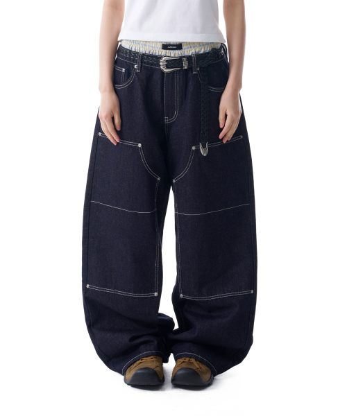 セール】Double Knee Denim Pants (Dark Blue)（デニムパンツ）｜AAKAM