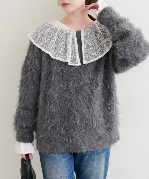 natural couture(ナチュラルクチュール)の「ロングフェザークルーネックニットプルオーバー(ニット/セーター・レディース・ベージュ/ピンク/オフホワイト/チャコールグレー・FREE)」の9枚目の写真