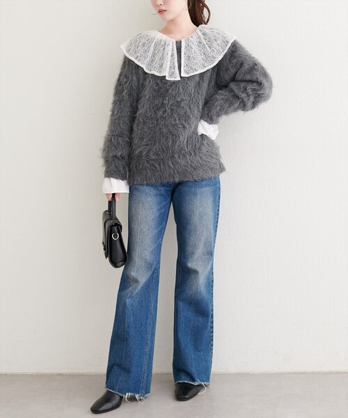 natural couture(ナチュラルクチュール)の「ロングフェザークルーネックニットプルオーバー(ニット/セーター・レディース・ベージュ/ピンク/オフホワイト/チャコールグレー・FREE)」の11枚目の写真