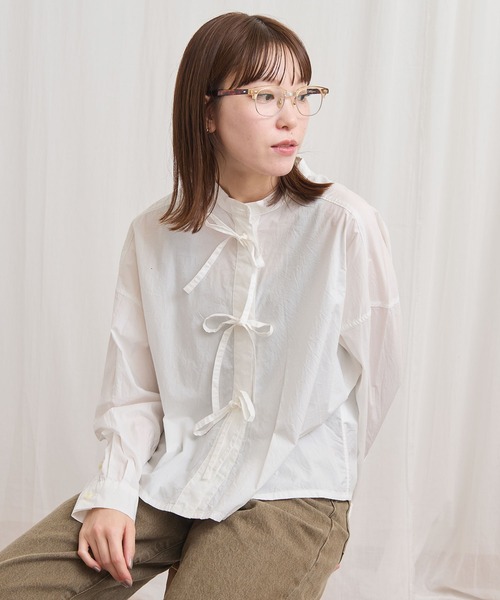fig Ｌondon（フィグロンドン）の「ribbon shirt（シャツ/ブラウス・レディース・チェック/ストライプ/ピンク/ホワイト・FREE）」の2枚目の写真