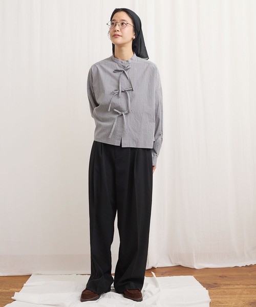fig Ｌondon（フィグロンドン）の「ribbon shirt（シャツ/ブラウス・レディース・チェック/ストライプ/ピンク/ホワイト・FREE）」の5枚目の写真