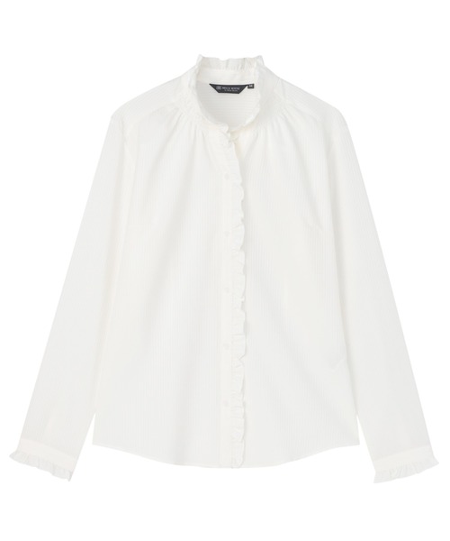 TOKYO SHIRTS(トウキョウシャツ)の「【吸水速乾】【COFREX】スタンド ゴムシャーリング ブラウス 長袖 レディースデザインシャツ(シャツ/ブラウス・レディース・ホワイト・S/M/LL/L)」の1枚目の写真