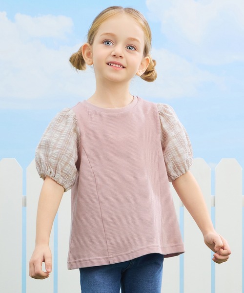 combimini(コンビミニ)の「チェックボリュームパフ袖Tシャツ(Tシャツ/カットソー・キッズ・ピンク/クリーム/アイボリー・110/100/90/80/120)」の3枚目の写真
