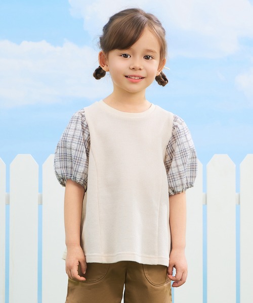 combimini(コンビミニ)の「チェックボリュームパフ袖Tシャツ(Tシャツ/カットソー・キッズ・ピンク/クリーム/アイボリー・110/100/90/80/120)」の1枚目の写真