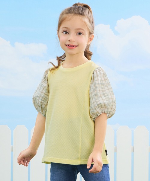combimini(コンビミニ)の「チェックボリュームパフ袖Tシャツ(Tシャツ/カットソー・キッズ・ピンク/クリーム/アイボリー・110/100/90/80/120)」の2枚目の写真