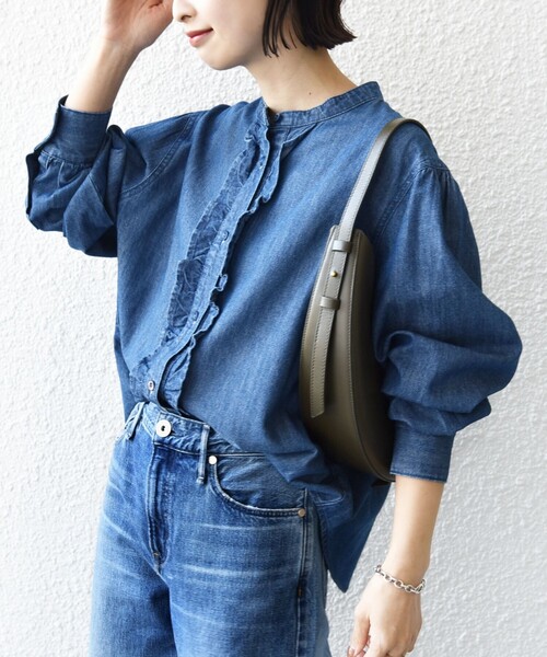 セール】【WEB限定】〈洗濯機可能〉ライトオンス フリル デニム シャツ