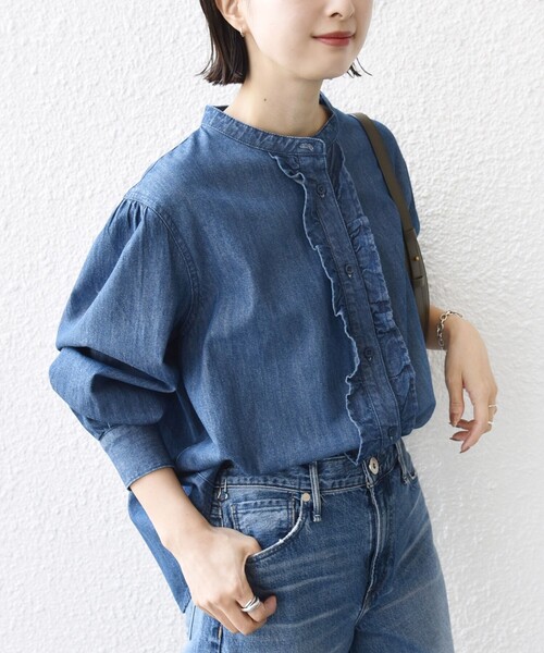 SHIPSデニムフリルシャツ 長袖 WEB限定】〈洗濯機可能〉ライトオンス フリル デニム シャツ（シャツ