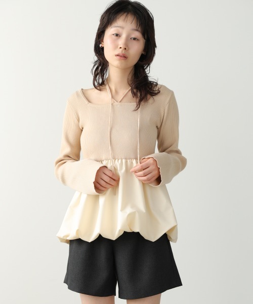 Bab(バブ)の「リボンネックペプラムバルーンニットトップス(Tシャツ/カットソー・レディース・ベージュ/アイボリー/ブラック・FREE)」の3枚目の写真