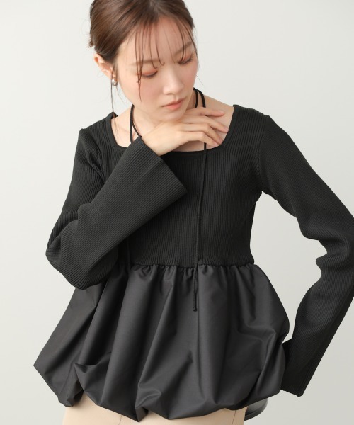 Bab(バブ)の「リボンネックペプラムバルーンニットトップス(Tシャツ/カットソー・レディース・ベージュ/アイボリー/ブラック・FREE)」の2枚目の写真