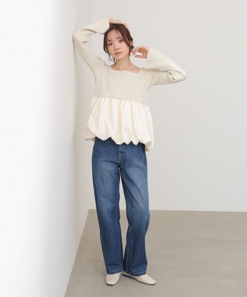 Bab(バブ)の「リボンネックペプラムバルーンニットトップス(Tシャツ/カットソー・レディース・ベージュ/アイボリー/ブラック・FREE)」の5枚目の写真