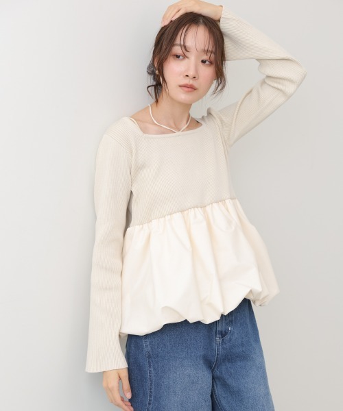 Bab(バブ)の「リボンネックペプラムバルーンニットトップス(Tシャツ/カットソー・レディース・ベージュ/アイボリー/ブラック・FREE)」の6枚目の写真