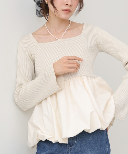 Bab(バブ)の「リボンネックペプラムバルーンニットトップス(Tシャツ/カットソー・レディース・ベージュ/アイボリー/ブラック・FREE)」の8枚目の写真