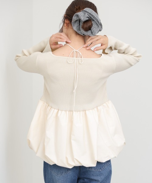 Bab(バブ)の「リボンネックペプラムバルーンニットトップス(Tシャツ/カットソー・レディース・ベージュ/アイボリー/ブラック・FREE)」の10枚目の写真