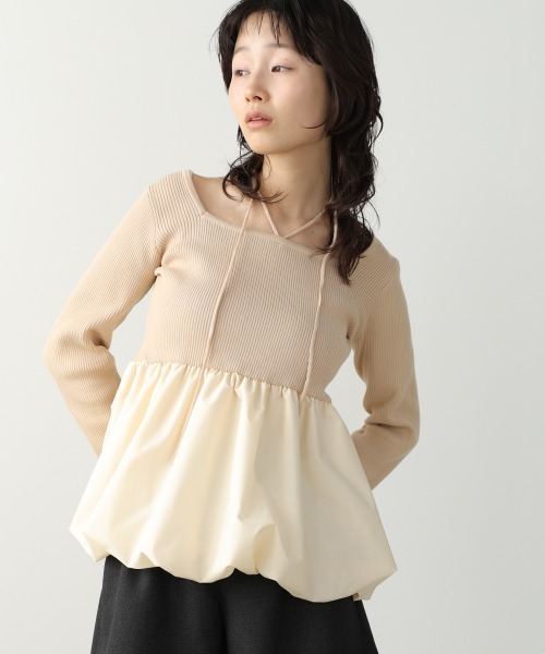 Bab(バブ)の「リボンネックペプラムバルーンニットトップス(Tシャツ/カットソー・レディース・ベージュ/アイボリー/ブラック・FREE)」の14枚目の写真