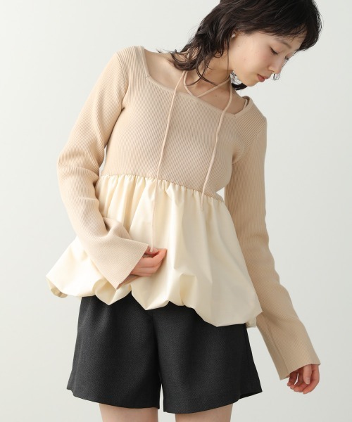 Bab(バブ)の「リボンネックペプラムバルーンニットトップス(Tシャツ/カットソー・レディース・ベージュ/アイボリー/ブラック・FREE)」の17枚目の写真