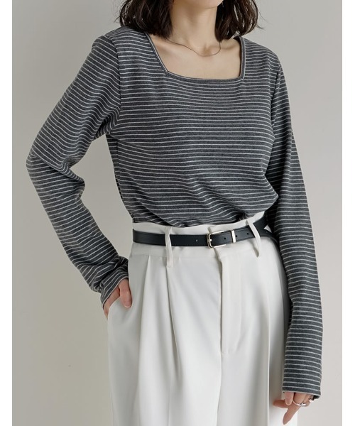Re:EDIT(リエディ)の「前後2WAY起毛フラッフィーボーダーカットソー長袖トップス(Tシャツ/カットソー・レディース・ネイビー/グレー/アイボリー/ブラック・MEDIUM)」の3枚目の写真