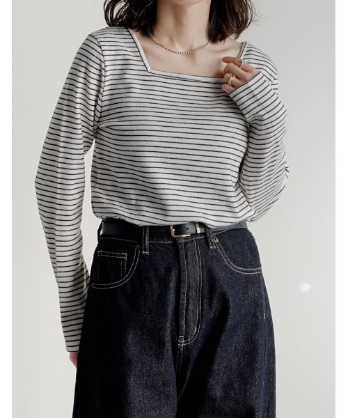 Re:EDIT(リエディ)の「前後2WAY起毛フラッフィーボーダーカットソー長袖トップス(Tシャツ/カットソー・レディース・ネイビー/グレー/アイボリー/ブラック・MEDIUM)」の2枚目の写真