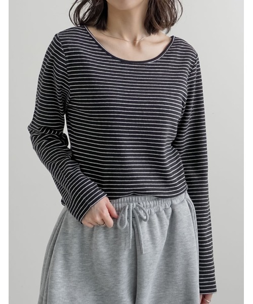 Re:EDIT(リエディ)の「前後2WAY起毛フラッフィーボーダーカットソー長袖トップス(Tシャツ/カットソー・レディース・ネイビー/グレー/アイボリー/ブラック・MEDIUM)」の1枚目の写真