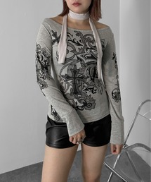 【jiasecond.】クロスデザインカットソー / トップス カットソー Tシャツ 長袖 ラインストーン クロス グレー ZOZOTOWN限定