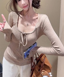 Uネック前リボンロンT