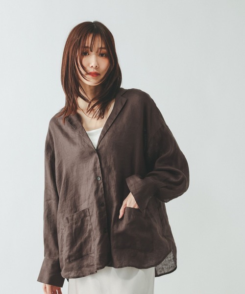 GLOBAL WORK（グローバルワーク）の「フレンチリネンシャツジャケット/599628（シャツ/ブラウス・レディース・ブラック/オフホワイト/ブラウン・MEDIUM/LARGE）」の4枚目の写真