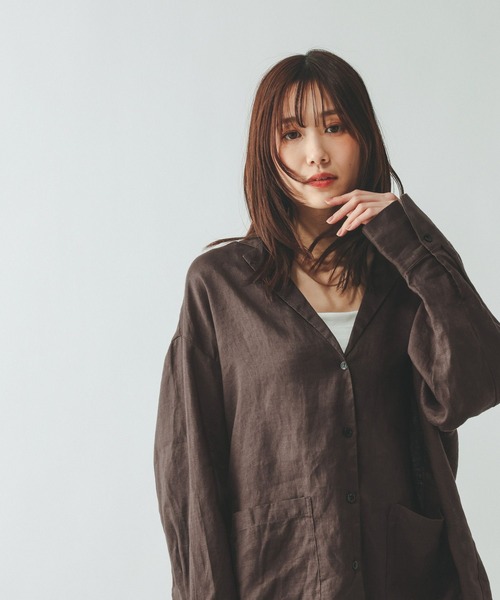 GLOBAL WORK（グローバルワーク）の「フレンチリネンシャツジャケット/599628（シャツ/ブラウス・レディース・ブラック/オフホワイト/ブラウン・MEDIUM/LARGE）」の5枚目の写真