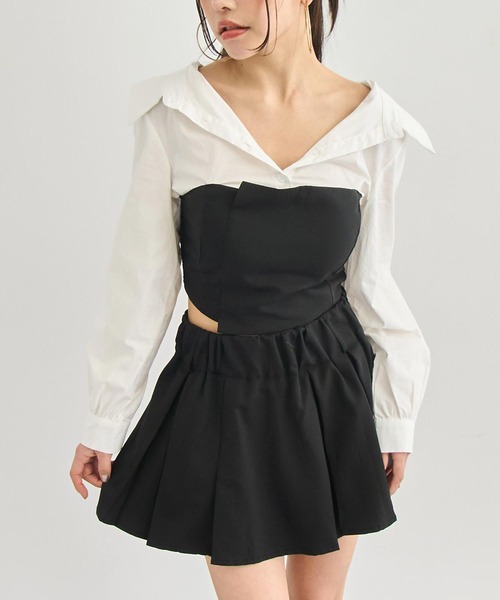 ANAP（アナップ）の「Kギャル ブラウス × ボックスプリーツ セットアップ（シャツ/ブラウス・レディース・ブラック×ホワイト/グレー×ホワイト・F）」の2枚目の写真