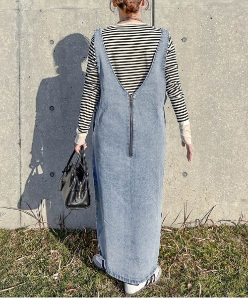 CURA CLOSET（キュラ クローゼット）の「【loverara.loverara コラボ】【セットアップ対応】デニムジャンパースカート/スタイルアップ/体型カバー（ジャンパースカート・レディース・ブルー/ライトブルー/ブラック系・C/フリー）」の9枚目の写真