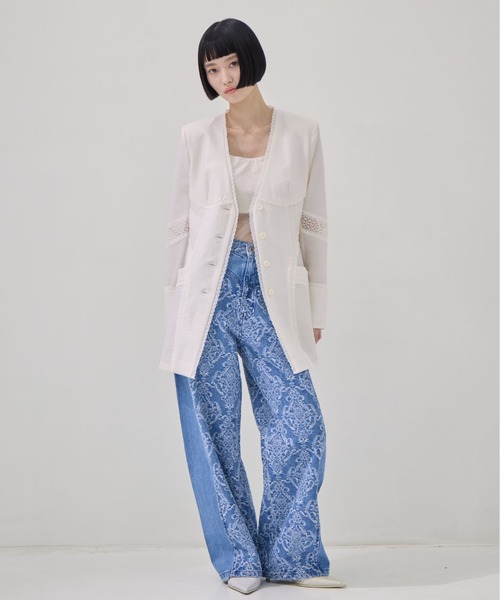 FETICO（フェティコ）の「【FETICO/フェティコ】《STUDIOUS別注》別注 LACE-PANELED JACKET/レースパネルドジャケット/シャツジャケット（ノーカラージャケット・レディース・ブラック/アイボリー・36/38）」の4枚目の写真