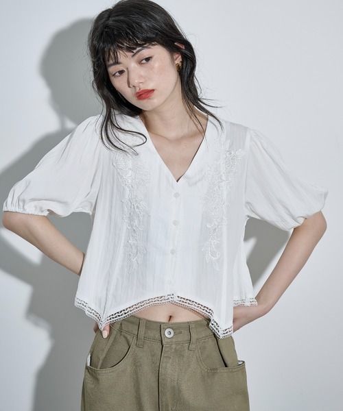 にゃにゃにゃです　　　アナイ　刺繍クロップドブラウス ANAYI（アナイ） ブラウス シャツ レース刺繍クロップドシャツ