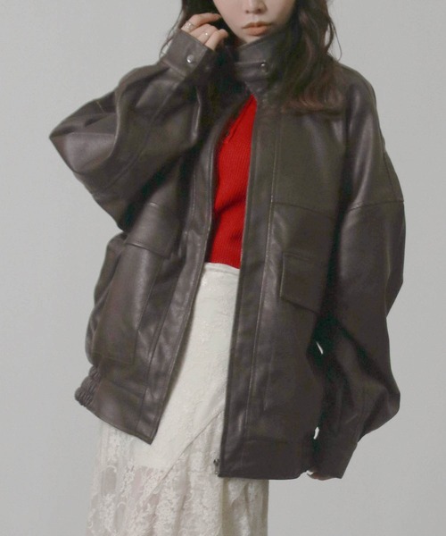 NYLAUS(ナイラス)の「【SG】オーバーサイズPUレザーブルゾン レザージャケット(ブルゾン・レディース・ブラウン/モカ/ブラック・M)」の2枚目の写真