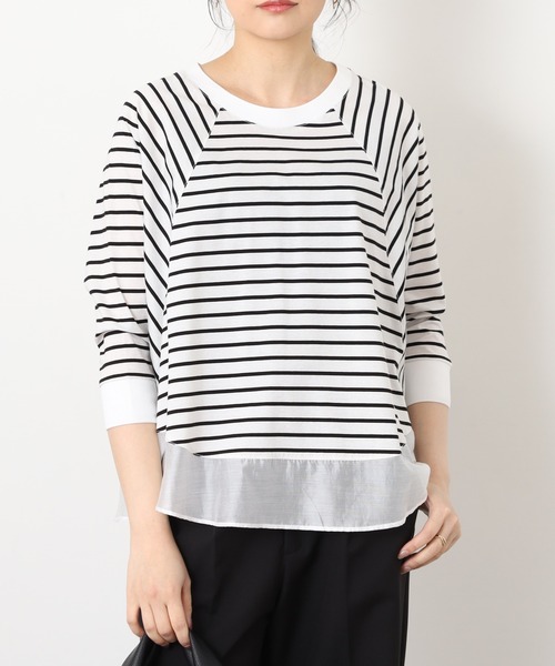 EGLANTINE(エグランティーヌ)の「EGLANTINE シアードッキング七分袖フレアカットソー(Tシャツ/カットソー・レディース・チャコールグレー/オフホワイト/ホワイト×ブラック/ブラック×ホワイト・38)」の1枚目の写真
