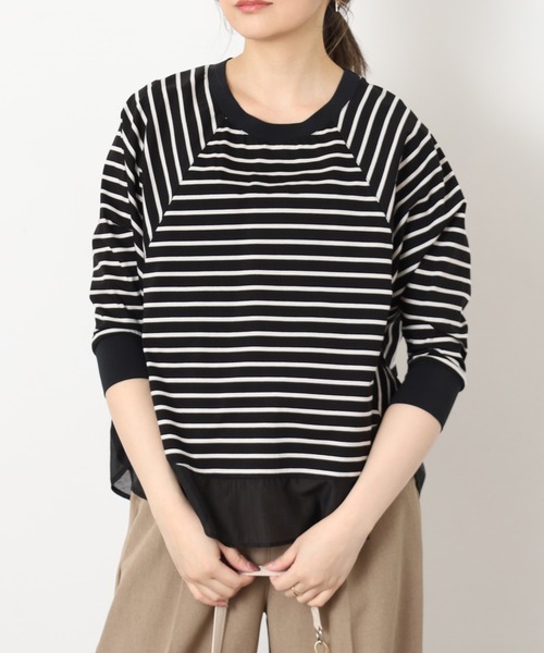 EGLANTINE(エグランティーヌ)の「EGLANTINE シアードッキング七分袖フレアカットソー(Tシャツ/カットソー・レディース・チャコールグレー/オフホワイト/ホワイト×ブラック/ブラック×ホワイト・38)」の3枚目の写真