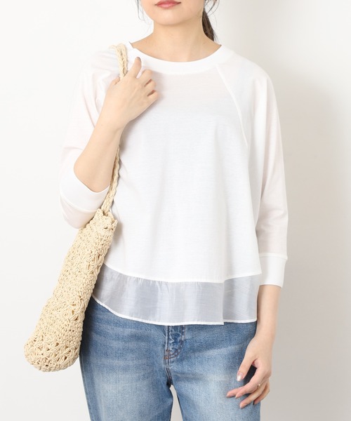 EGLANTINE(エグランティーヌ)の「EGLANTINE シアードッキング七分袖フレアカットソー(Tシャツ/カットソー・レディース・チャコールグレー/オフホワイト/ホワイト×ブラック/ブラック×ホワイト・38)」の2枚目の写真