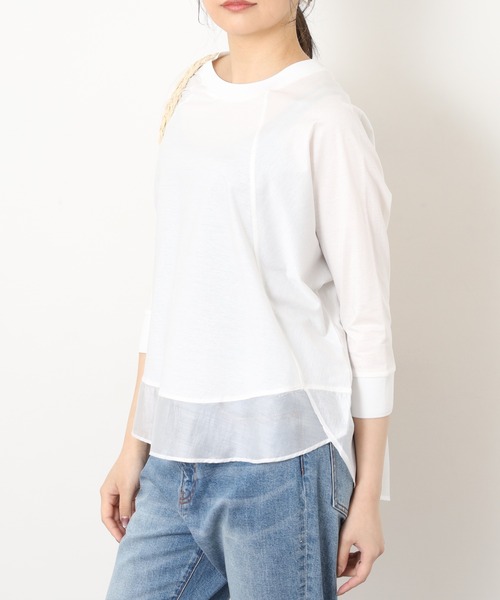 EGLANTINE(エグランティーヌ)の「EGLANTINE シアードッキング七分袖フレアカットソー(Tシャツ/カットソー・レディース・チャコールグレー/オフホワイト/ホワイト×ブラック/ブラック×ホワイト・38)」の5枚目の写真