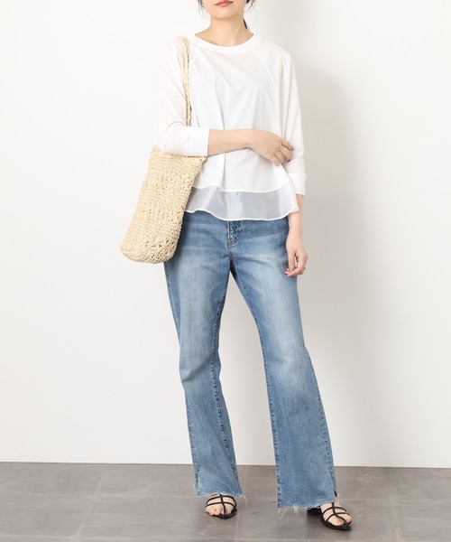 EGLANTINE(エグランティーヌ)の「EGLANTINE シアードッキング七分袖フレアカットソー(Tシャツ/カットソー・レディース・チャコールグレー/オフホワイト/ホワイト×ブラック/ブラック×ホワイト・38)」の11枚目の写真