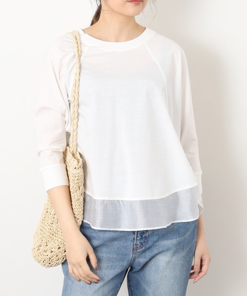 EGLANTINE(エグランティーヌ)の「EGLANTINE シアードッキング七分袖フレアカットソー(Tシャツ/カットソー・レディース・チャコールグレー/オフホワイト/ホワイト×ブラック/ブラック×ホワイト・38)」の7枚目の写真