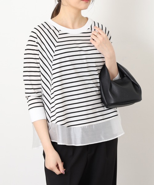 EGLANTINE(エグランティーヌ)の「EGLANTINE シアードッキング七分袖フレアカットソー(Tシャツ/カットソー・レディース・チャコールグレー/オフホワイト/ホワイト×ブラック/ブラック×ホワイト・38)」の13枚目の写真