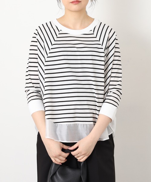 EGLANTINE(エグランティーヌ)の「EGLANTINE シアードッキング七分袖フレアカットソー(Tシャツ/カットソー・レディース・チャコールグレー/オフホワイト/ホワイト×ブラック/ブラック×ホワイト・38)」の14枚目の写真