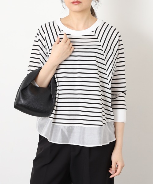 EGLANTINE(エグランティーヌ)の「EGLANTINE シアードッキング七分袖フレアカットソー(Tシャツ/カットソー・レディース・チャコールグレー/オフホワイト/ホワイト×ブラック/ブラック×ホワイト・38)」の15枚目の写真