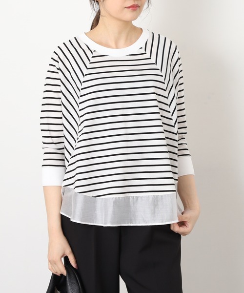 EGLANTINE(エグランティーヌ)の「EGLANTINE シアードッキング七分袖フレアカットソー(Tシャツ/カットソー・レディース・チャコールグレー/オフホワイト/ホワイト×ブラック/ブラック×ホワイト・38)」の16枚目の写真