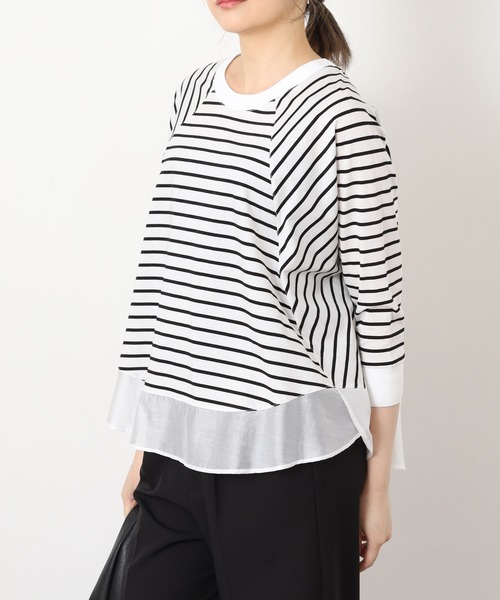EGLANTINE(エグランティーヌ)の「EGLANTINE シアードッキング七分袖フレアカットソー(Tシャツ/カットソー・レディース・チャコールグレー/オフホワイト/ホワイト×ブラック/ブラック×ホワイト・38)」の12枚目の写真