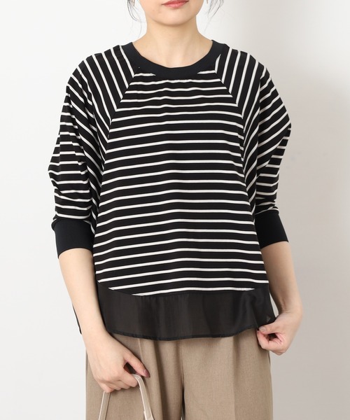 EGLANTINE(エグランティーヌ)の「EGLANTINE シアードッキング七分袖フレアカットソー(Tシャツ/カットソー・レディース・チャコールグレー/オフホワイト/ホワイト×ブラック/ブラック×ホワイト・38)」の19枚目の写真
